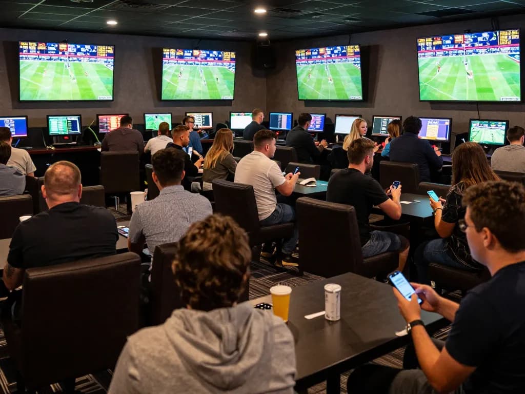 Sports fans eagerly analyzing kèo nhà cái and placing bets in a lively lounge atmosphere.