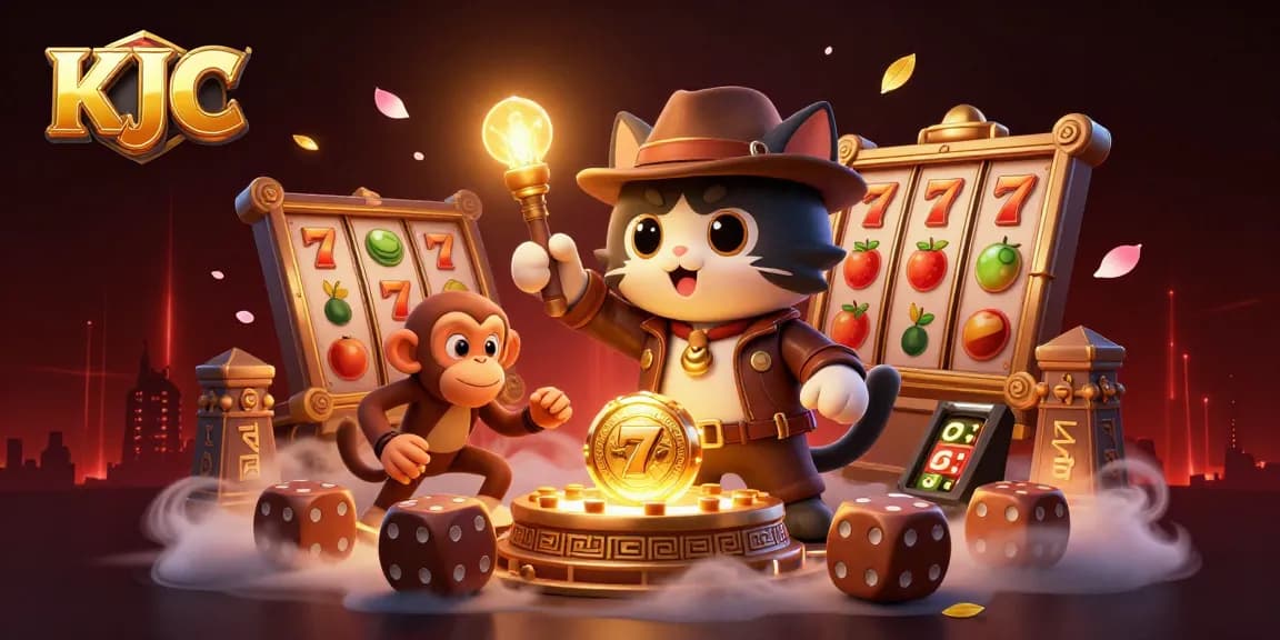 KJC showcases an explorer cat uncovering golden casino artifacts amidst vibrant slot reels.
