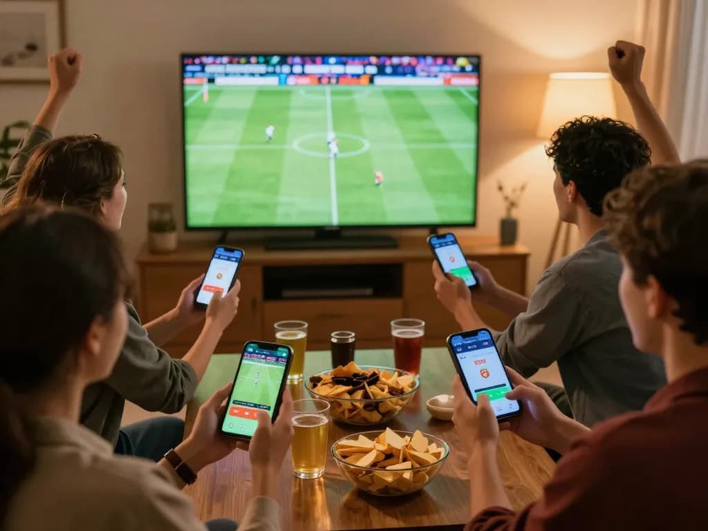 Friends using เว็บแทงบอล app while watching live football, showcasing the excitement of sports betting.