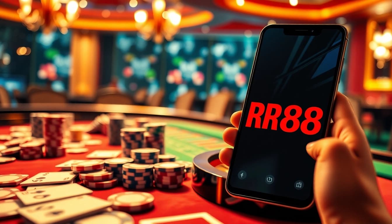 RR88 offers an exciting casino experience with vibrant poker tables and roulette wheels.