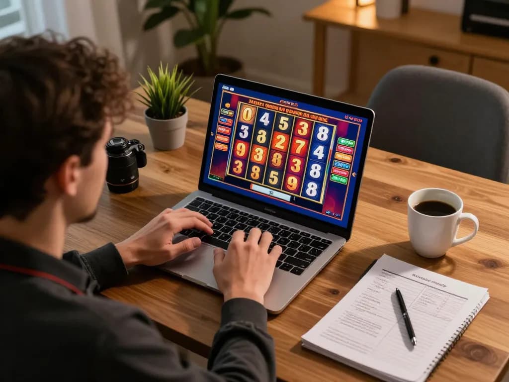 Player engages with 68win slot game on laptop, showcasing excitement and strategy in personal gaming space