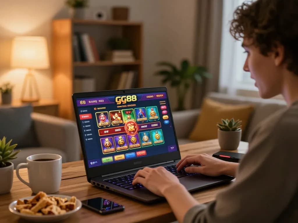 Player engaging with gg88 online casino on laptop in cozy home environment.