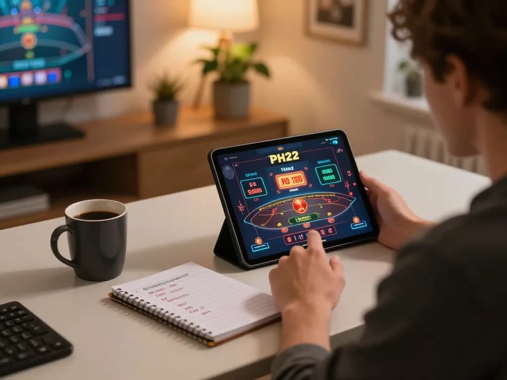 Engaging in online gaming on PH22 with tablet displaying live casino, cozy home atmosphere