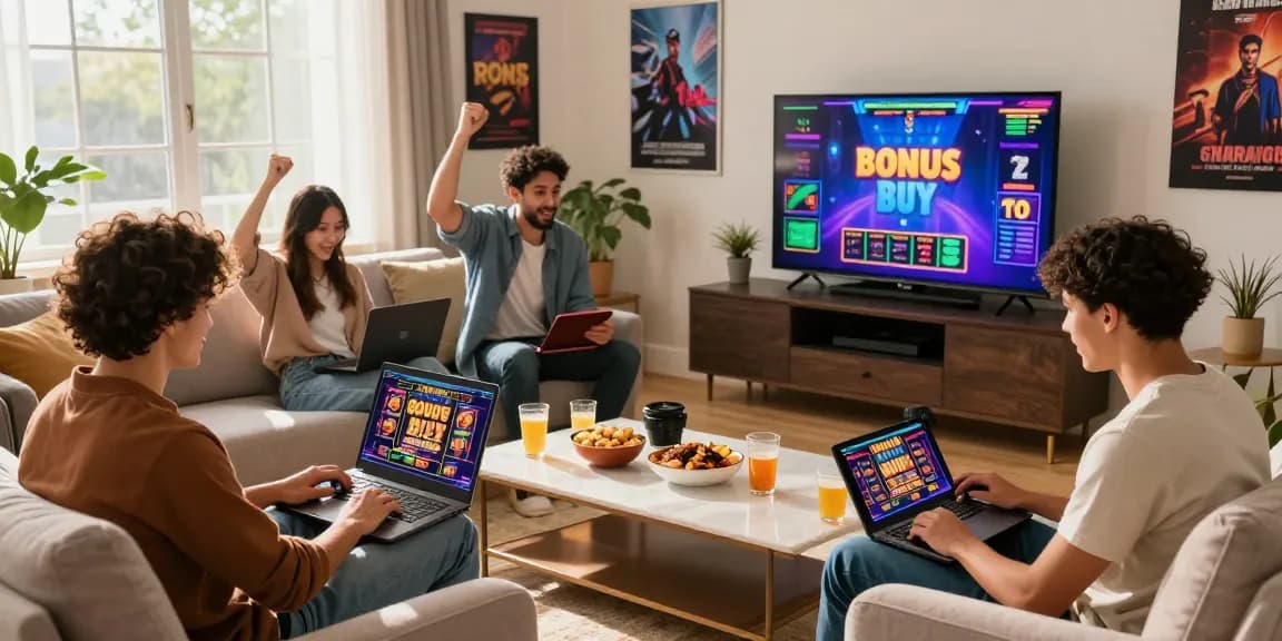 Friends enjoying Bonus Buy slots at home with snacks and laptops on a cozy coffee table, highlighting the excitement of online gaming at https://palacetrust.org.uk/.