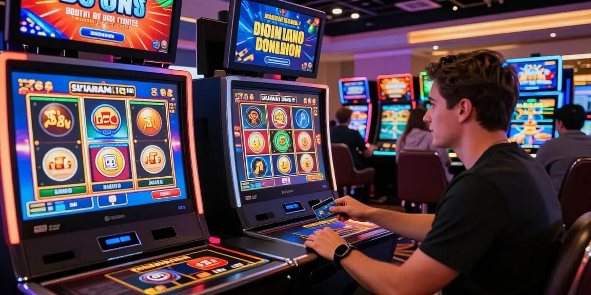 Engaging scene of players at credit card casinos enjoying vibrant slot games and making deposits.