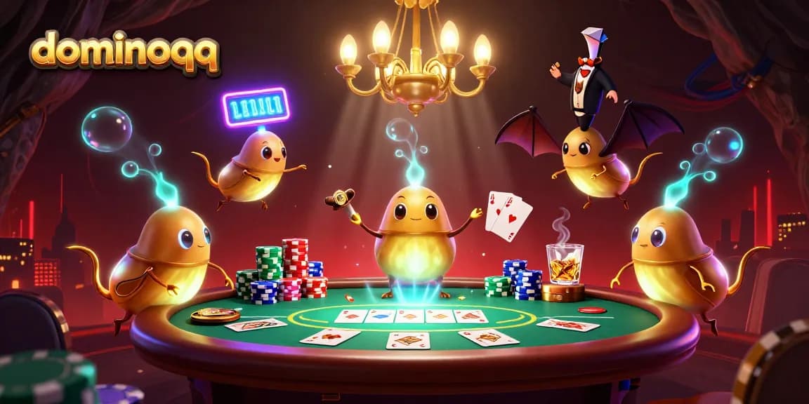 Experience thrilling dominoqq gameplay in a vibrant casino scene illuminated by bioluminescent glowworms.