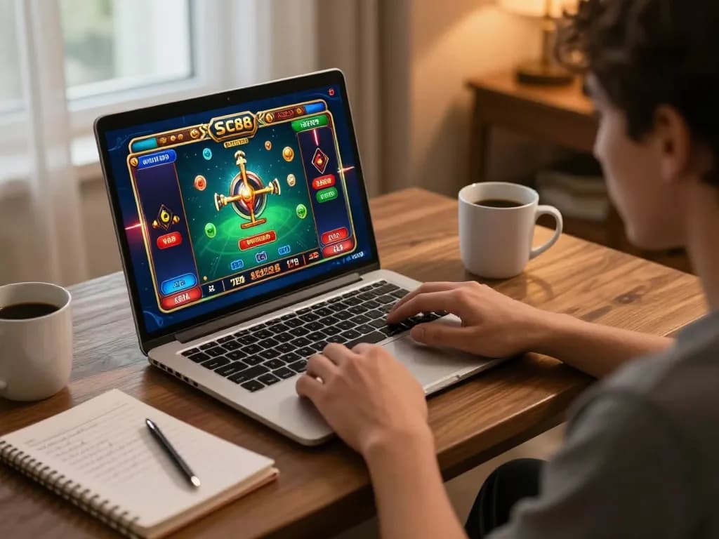 Engaging in SC88 online casino gameplay in a cozy home setting, emphasizing strategic betting.