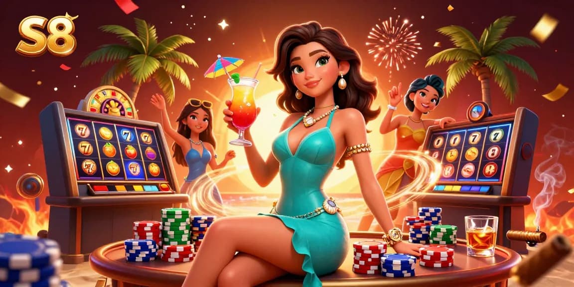 S8 showcases an exciting casino atmosphere with vibrant slot elements and a glamorous Asian woman enjoying a tropical drink