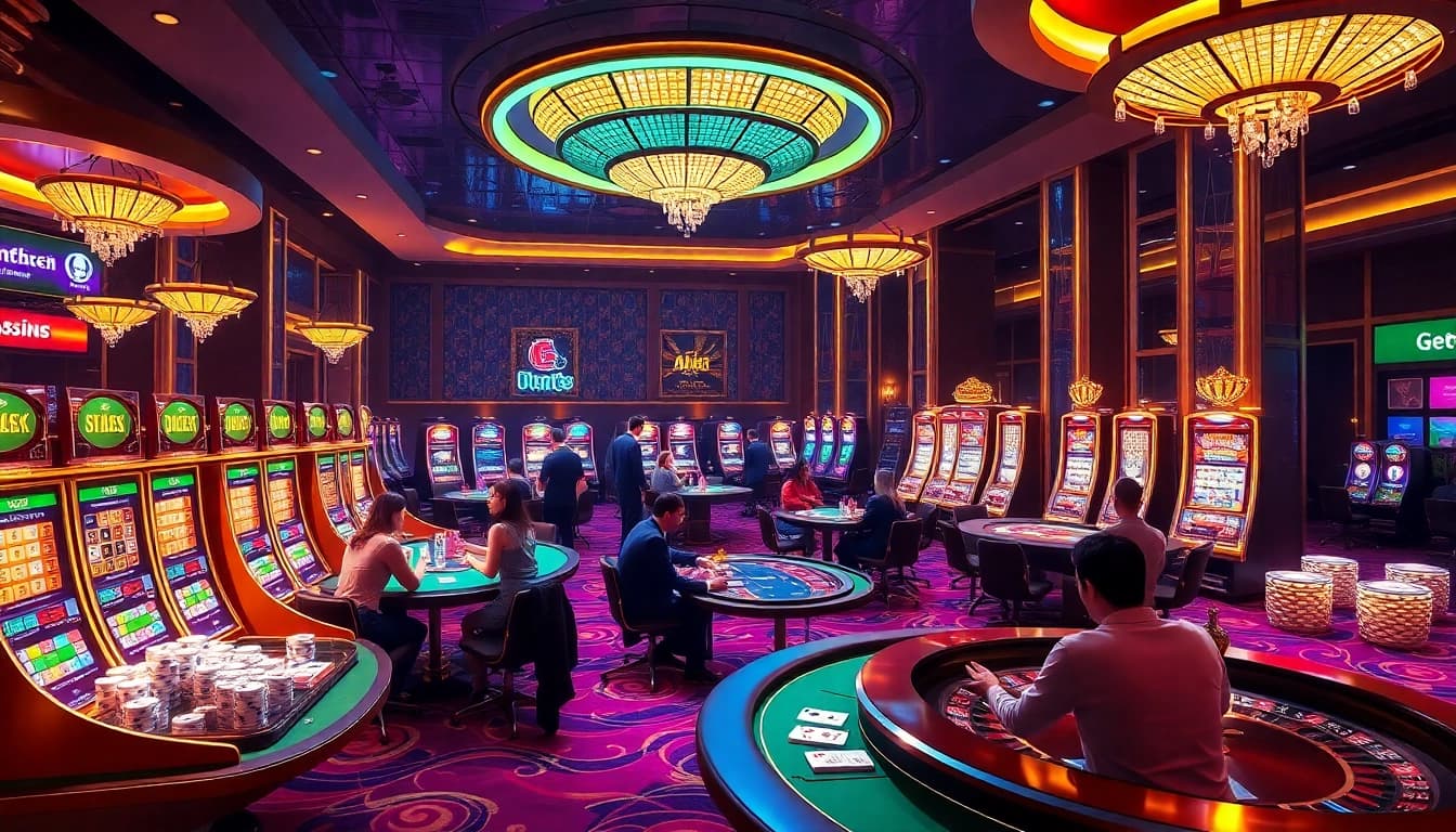 Players winning at Jun88 casino tables with vibrant slot machines and poker chips.