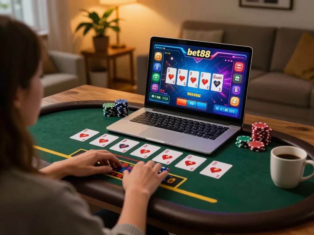 Player enjoys live dealer game on laptop at home, showcasing bet88 online gaming excitement