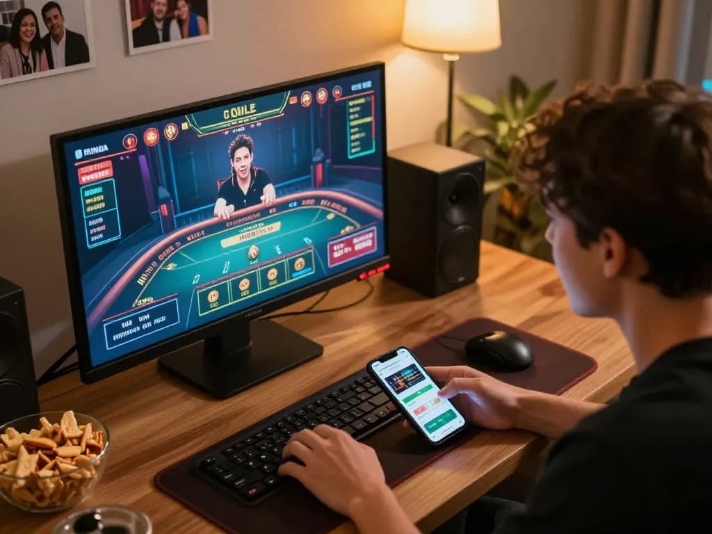 KJC player focusing on the live dealer game while enjoying snacks and using a smartphone for betting.