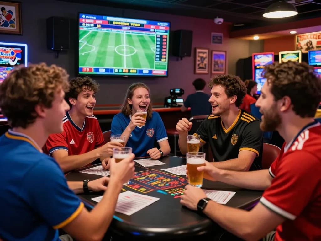 Friends celebrating and analyzing kèo nhà cái in a lively casino, cheering for football matches.
