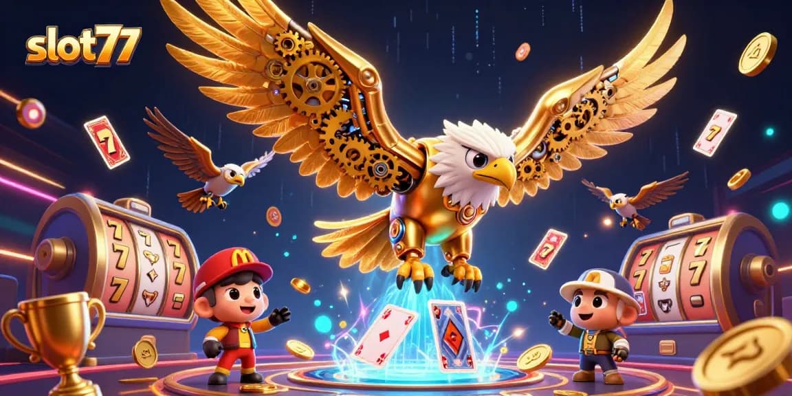 Engage in thrilling slot77 actions with vibrant golden eagle amidst casino excitement.