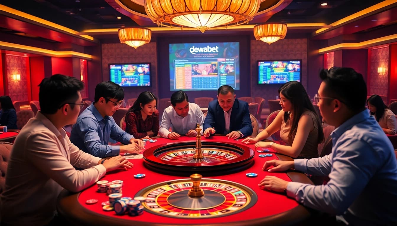 Dewabet Asia players engaging in exciting parlay betting at a vibrant casino table