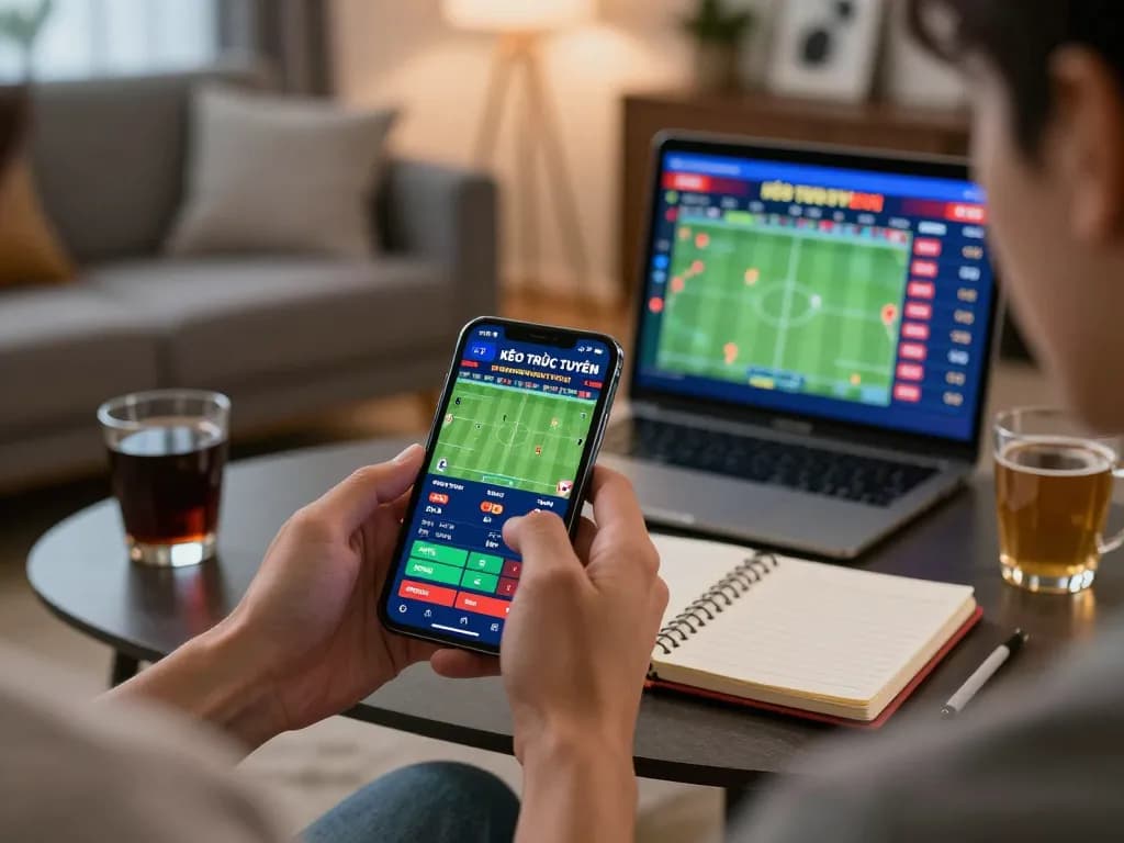 Engaged user placing KÈO TRỰC TUYẾN bets on smartphone in a stylish living room, showcasing modern sports betting