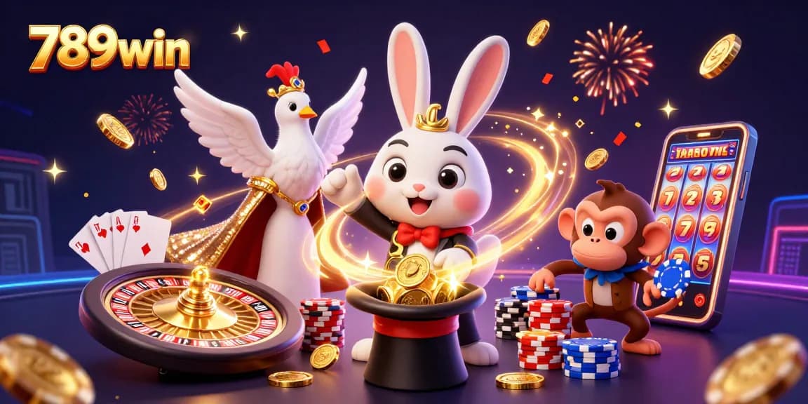 Experience the magic of wins with 789win, featuring a cartoon magician rabbit and vibrant casino elements.