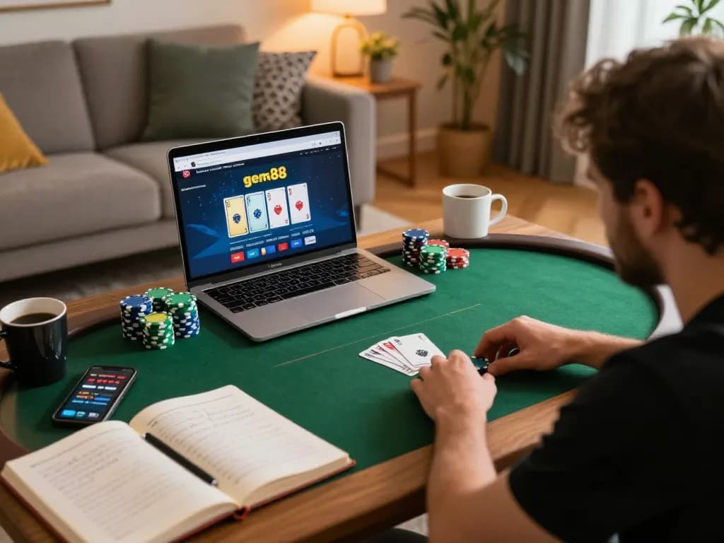 Engaging online poker gameplay featuring gem88 link on a laptop in a cozy living room
