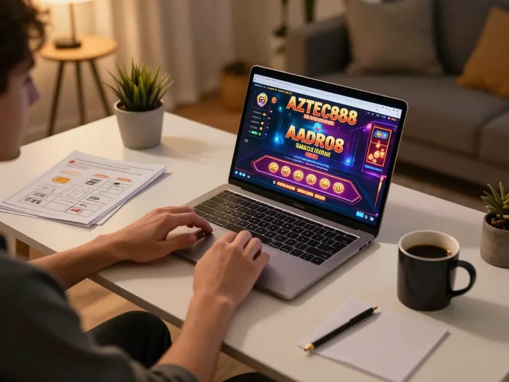 Engaging in online slots at AZTEC888 with vibrant graphics and strategic notes in cozy setup.