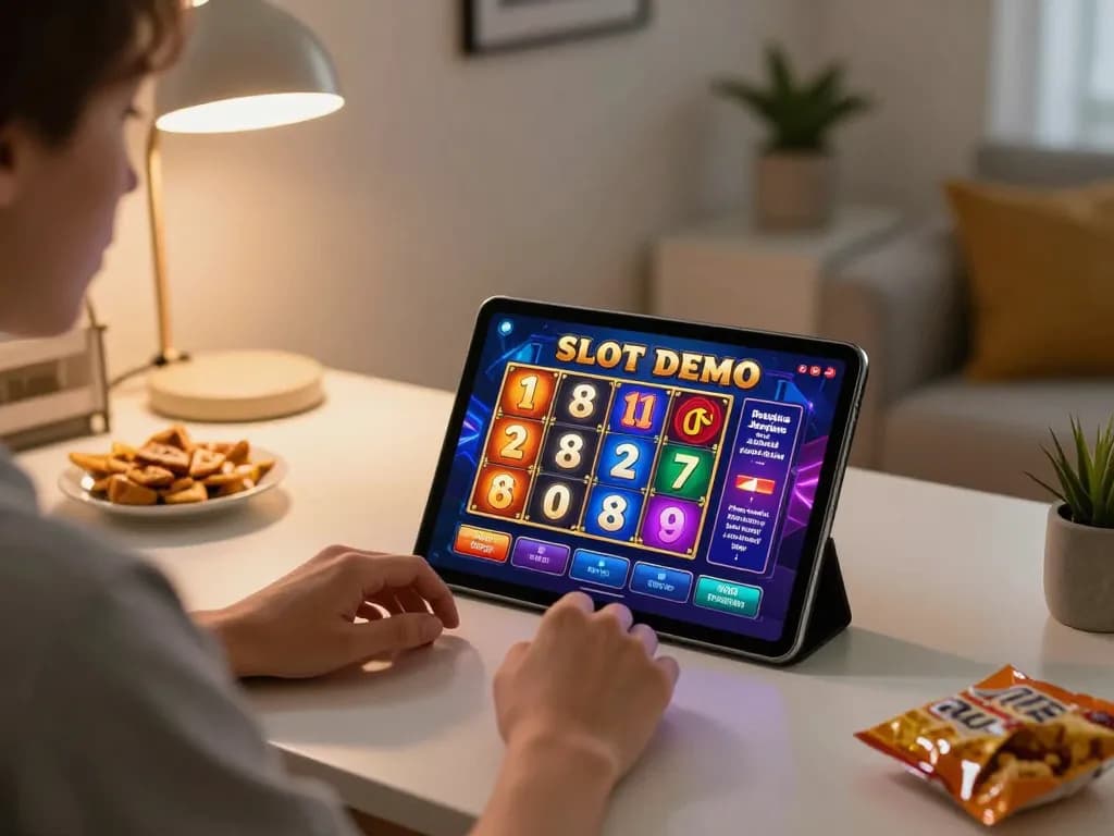 Permainan Slot Demo yang Menarik dimainkan di tablet dalam kantor rumah yang bergaya, menyoroti permainan yang bertanggung jawab.