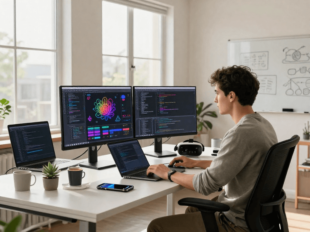 AI development workspace showcasing spicy AI application with vibrant data visuals and innovative software tools.