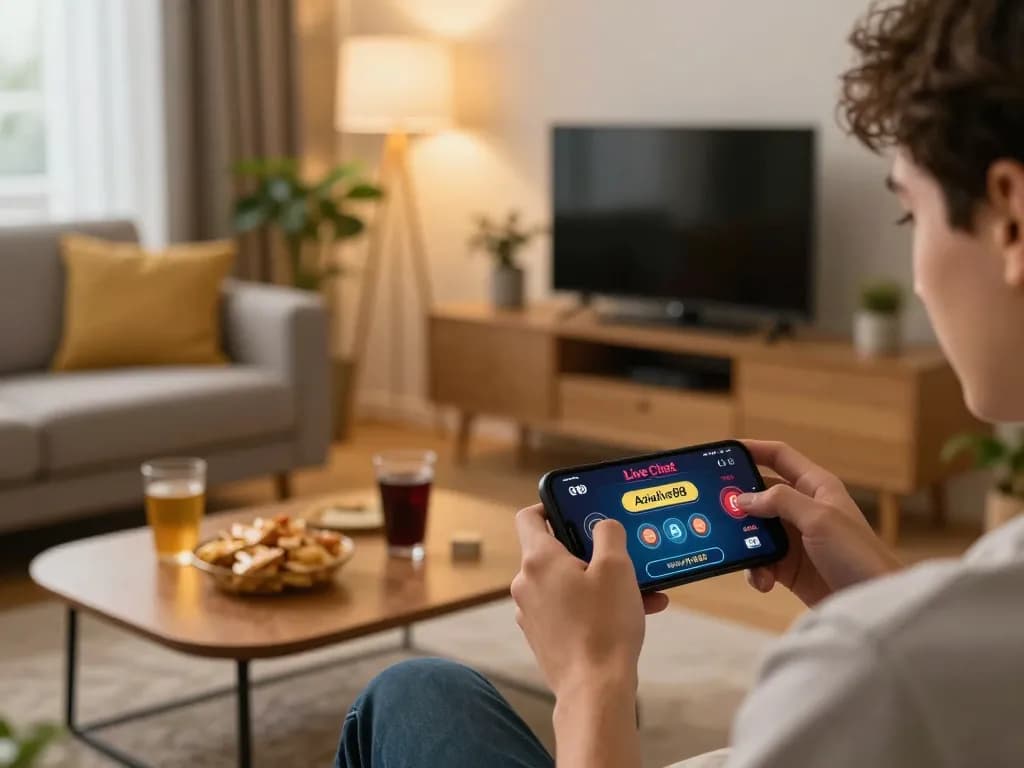 Engaging with Live Chat Asialive88 while enjoying online casino games at home in a cozy living room.