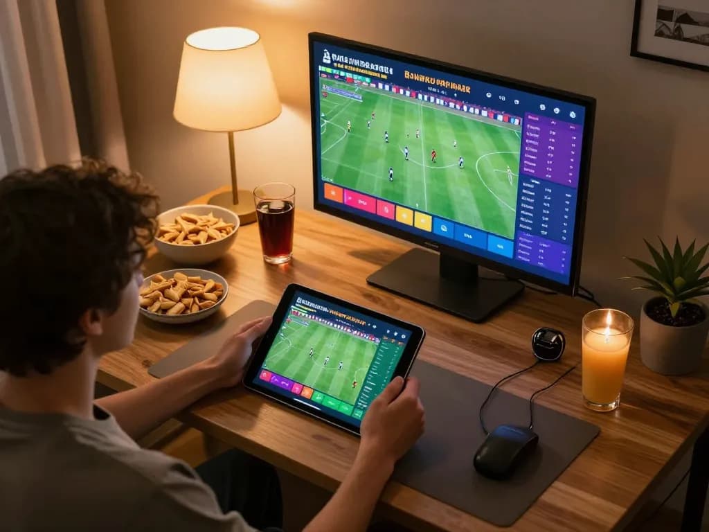Soi Kèo user analyzing sports betting insights on tablet with live scores displayed.