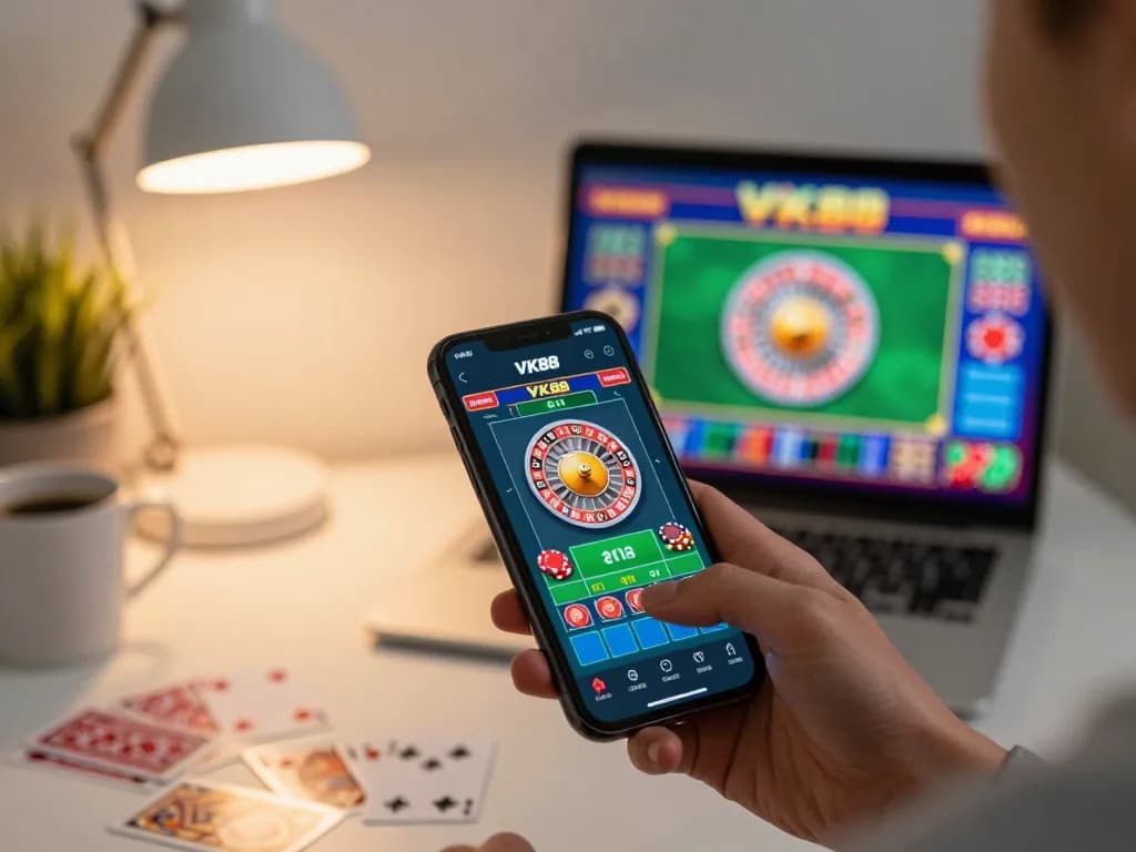 Engaging gameplay on VK88 app with digital roulette wheel, showcasing at-home gaming experience.
