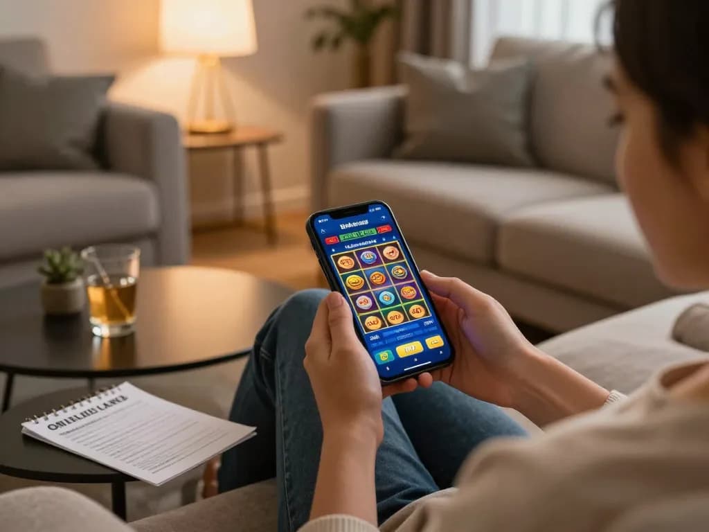 Engaging with a casino bonus utan svensk licens through a smartphone app in a cozy home setting.