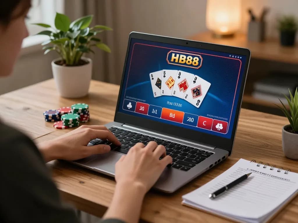 Playing poker at HB88 online casino with strategic notes on the table in a cozy home office.