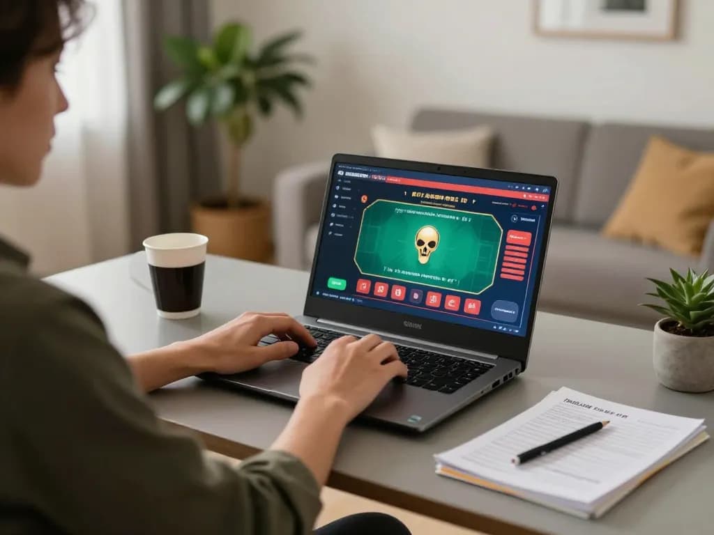 Player enjoying online casino games with rikvip displayed on laptop, cozy home setting with coffee