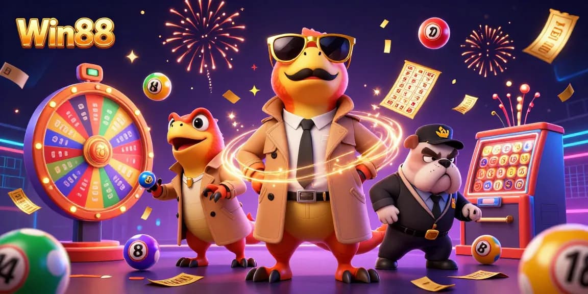 Win88 showcases excitement with three raptors in a trench coat and a bulldog bouncer at a casino, illustrating dynamic gameplay.