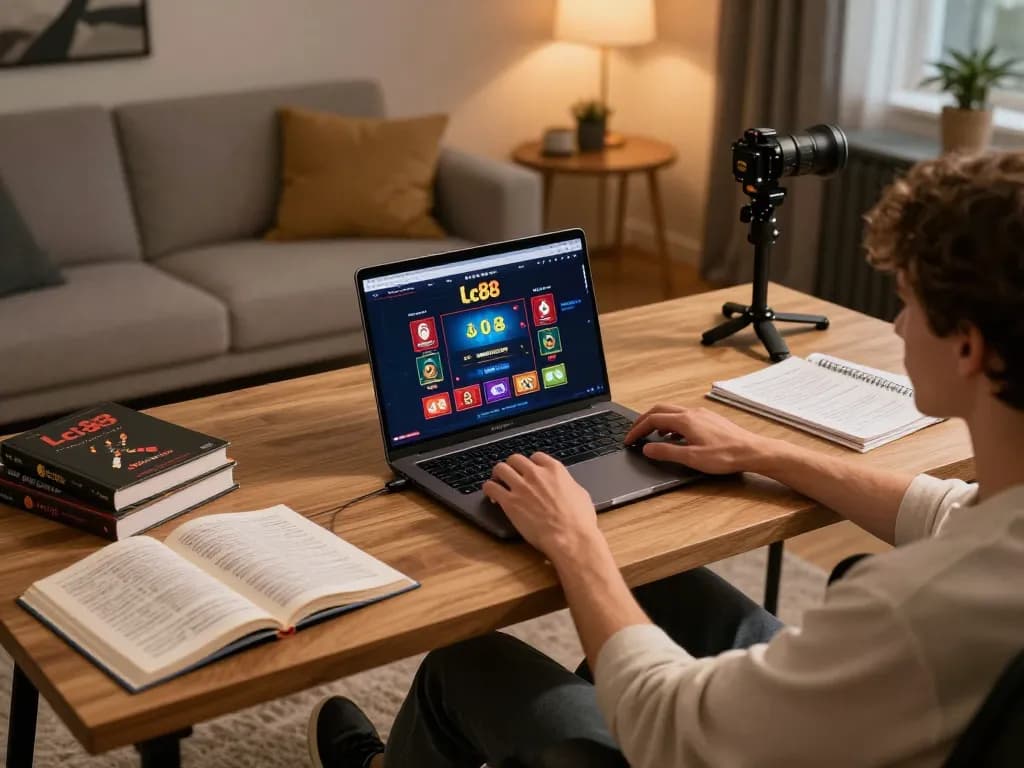 Player enjoying Lc88 online casino gaming on a stylish laptop, cozy environment