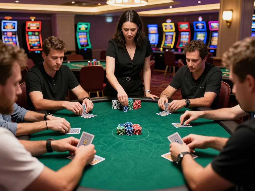 Leci123 poker game in a vibrant casino with focused players and colorful chips.
