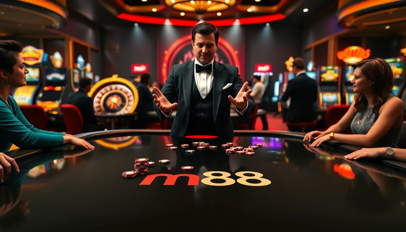 Play poker at m88's luxurious casino table with vibrant chips and thrilling atmosphere.