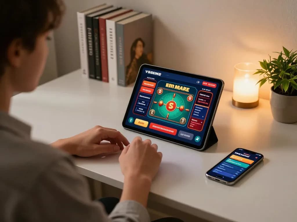 A person playing on the vsbet casino app in a cozy home office, showcasing a dynamic online gaming experience.