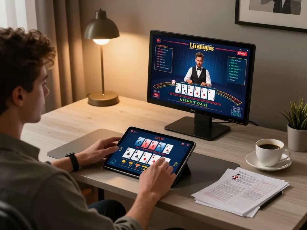 Engaging in live blackjack on open88 with a stylish home gaming setup and strategic notes.