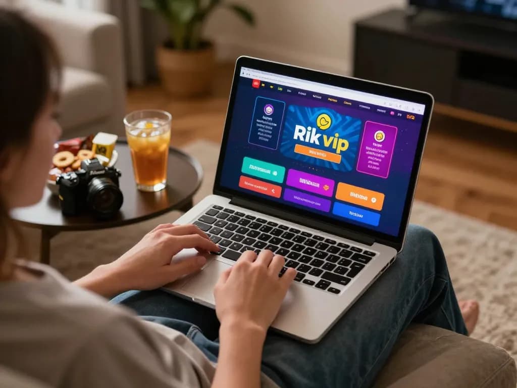 Engaging in online gambling at rik vip with a colorful interface displayed on a personal laptop.