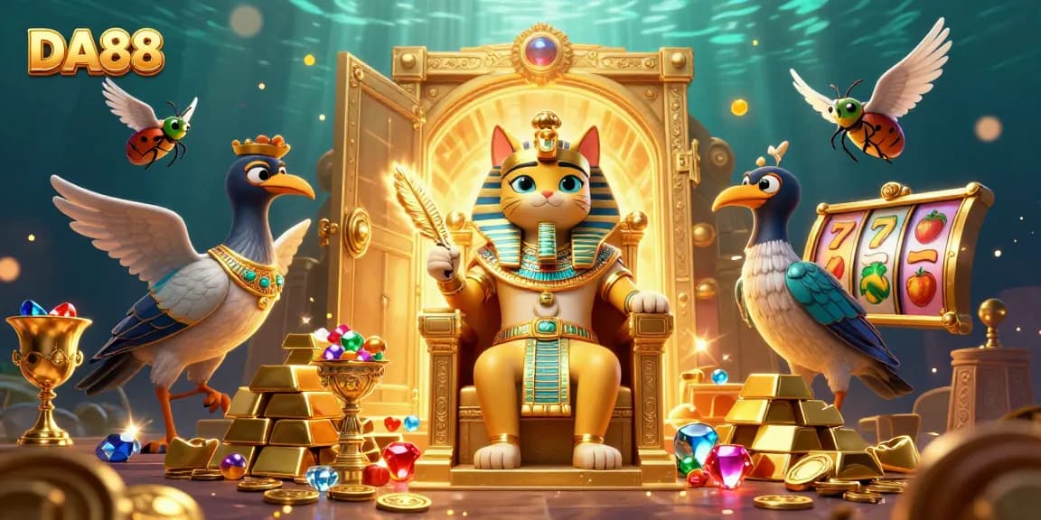 Spin to win with DA88 at a vibrant casino illustration featuring adventurous characters and treasures.