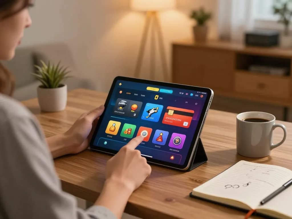 Play at a credit card casino on a tablet in a cozy home environment, highlighting strategic engagement.