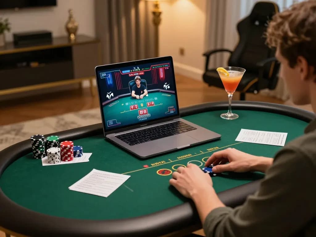 Player strategizing their next move on kp88vip during an online poker game with strategic notes and drinks.