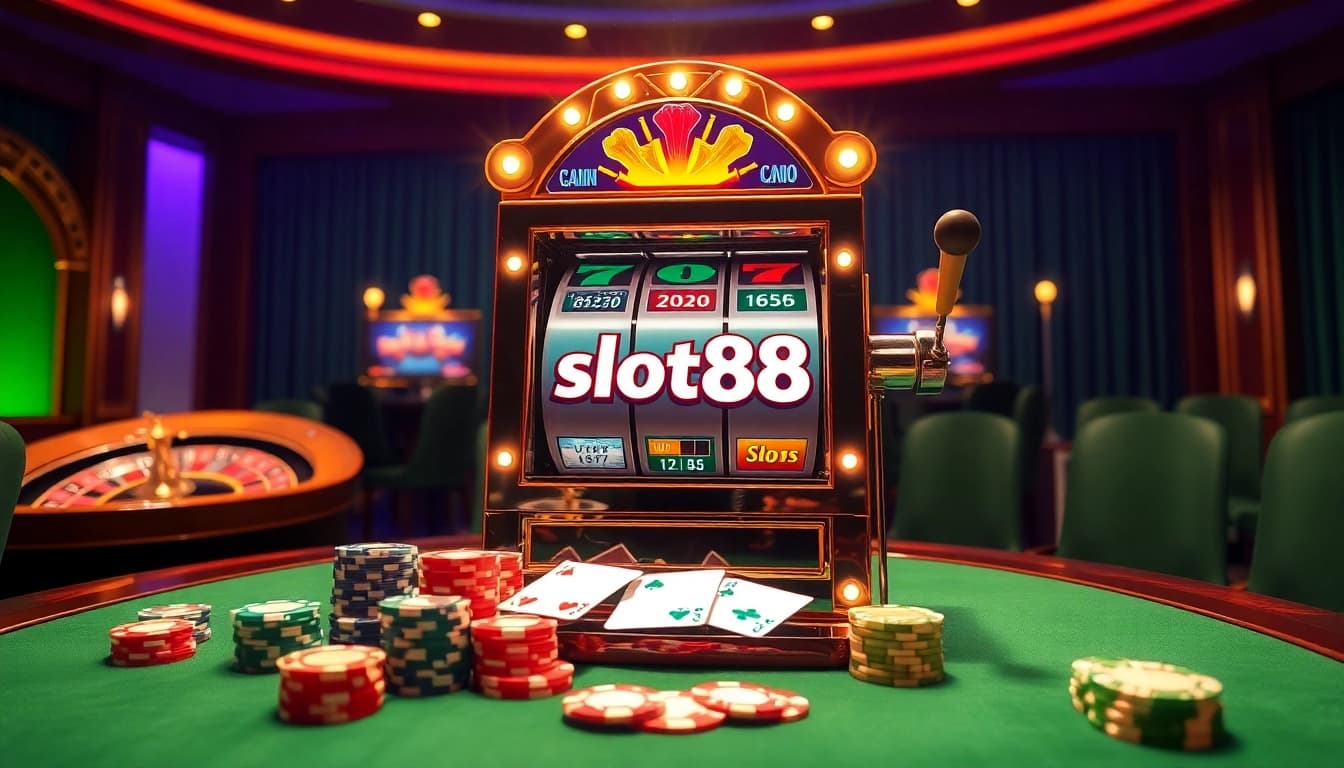 Exciting scene featuring a slot88 machine amidst vibrant casino elements like poker chips and cards.