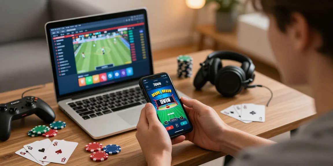 Engaging with the 78win gaming app in a cozy setting, showing excitement and focus on online gambling.