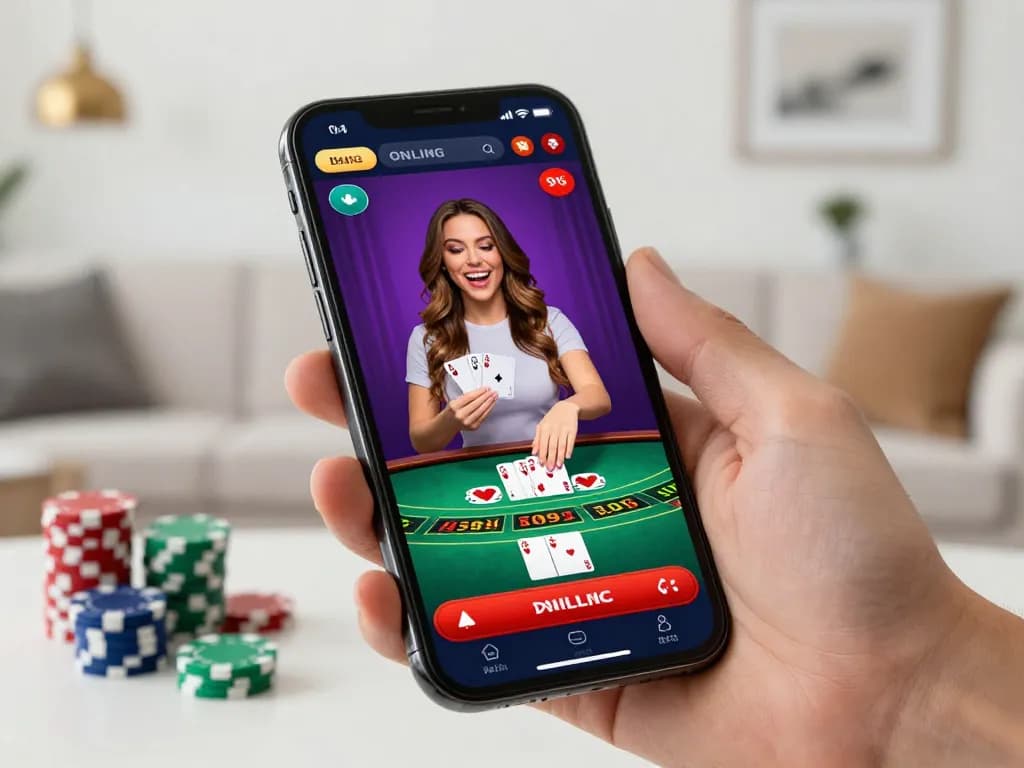 Engaging in a live dealer blackjack game on TG88 smartphone app showcasing vibrant casino interface.