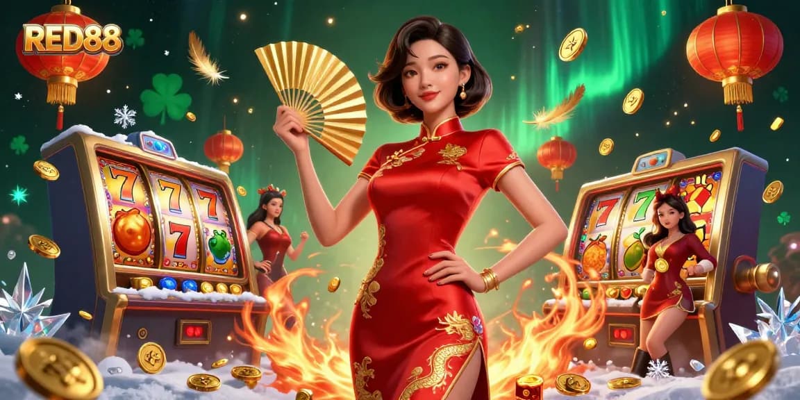 Experience the thrill of RED88 and slot wins with vibrant 3D visuals of gambling action.