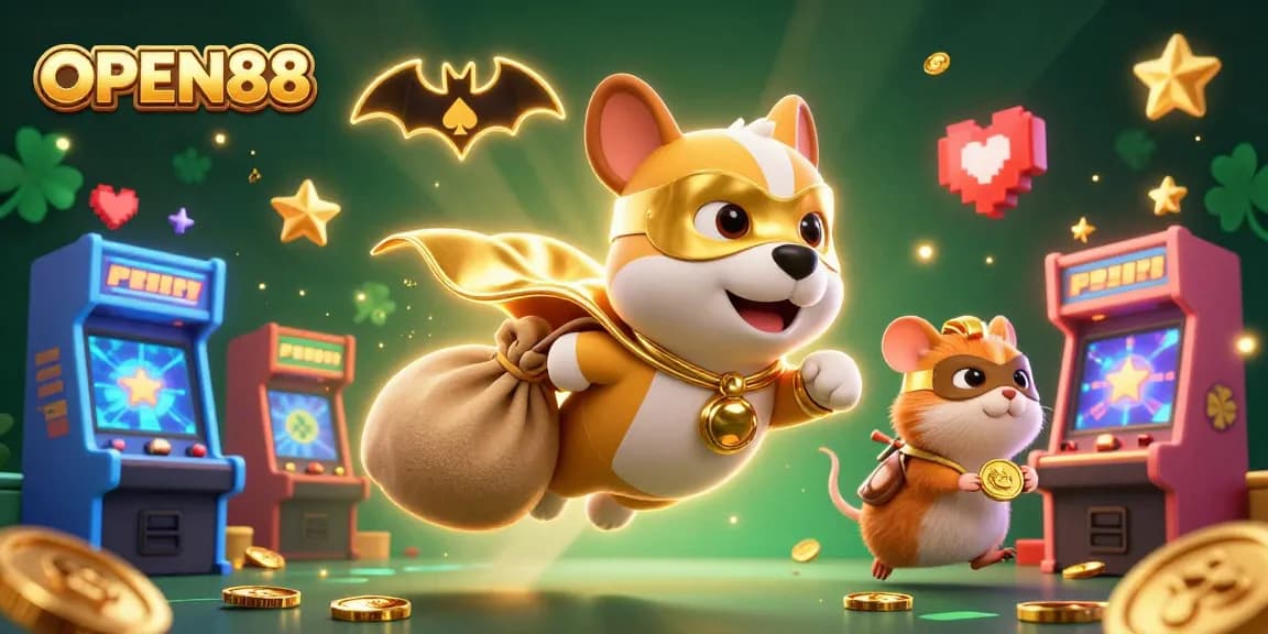 Experience ultimate fun with OPEN88, featuring a superhero dog and arcade elements in a vibrant casino-themed illustration.