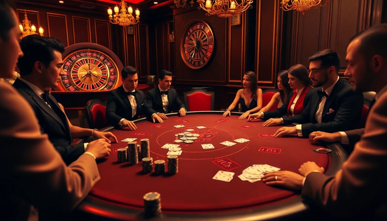 Experience high-stakes poker at bet88.law with elegant players and luxurious casino atmosphere.
