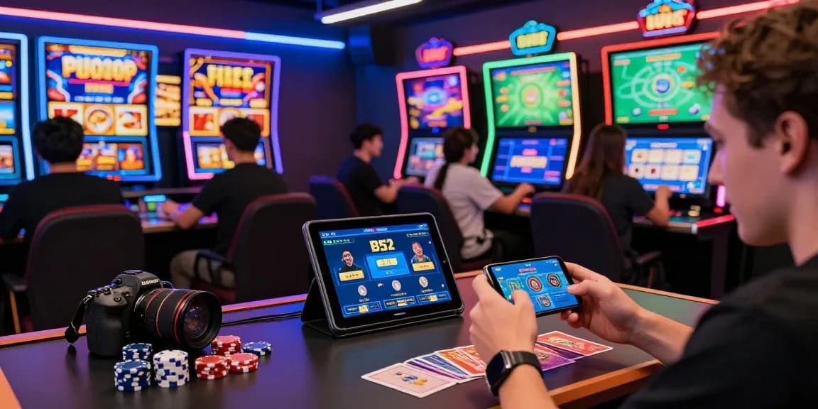 Players engaging with the B52 gaming platform in a vibrant, interactive online environment with colorful screens and accessories.