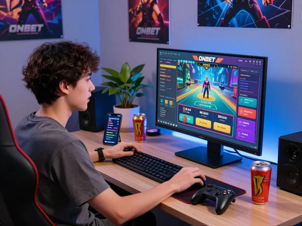 Player enjoying Onbet's gaming platform with vibrant graphics and gaming accessories.