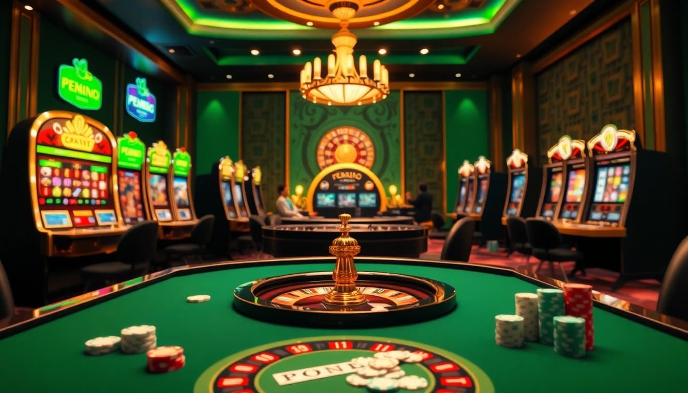 PEN4D gaming atmosphere with interactive slot machines and poker tables, showcasing vibrant excitement.