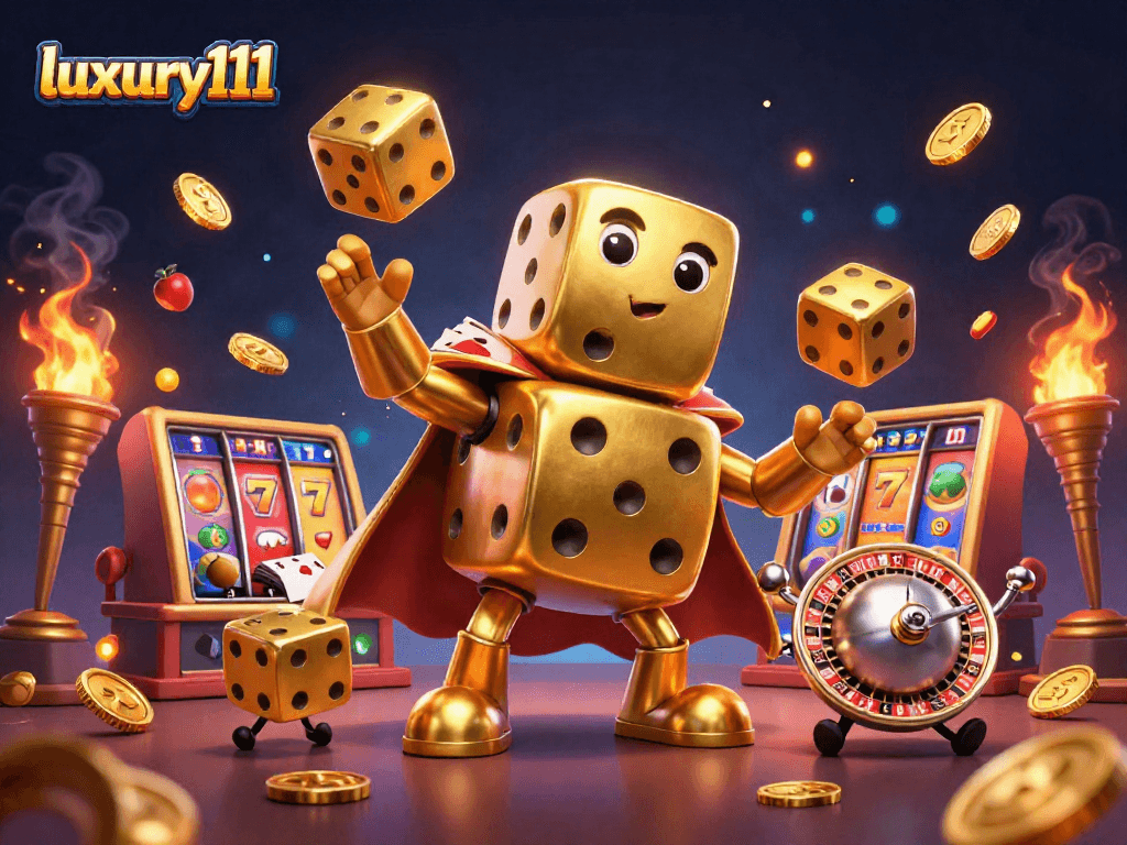 Experience luxury111 as a golden dice golem juggles casino elements in a vibrant scene.